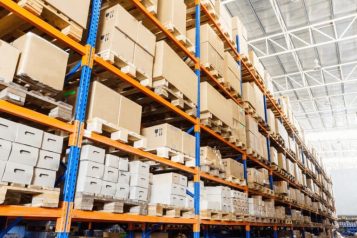 Warehouse shelves filled with boxes